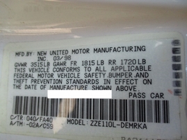 1998 TOYOTA COROLLA VE WHITE 1.8L MT Z16382